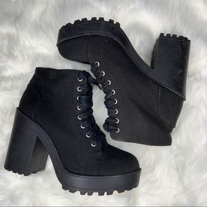 Chunky heel black lace up booties
